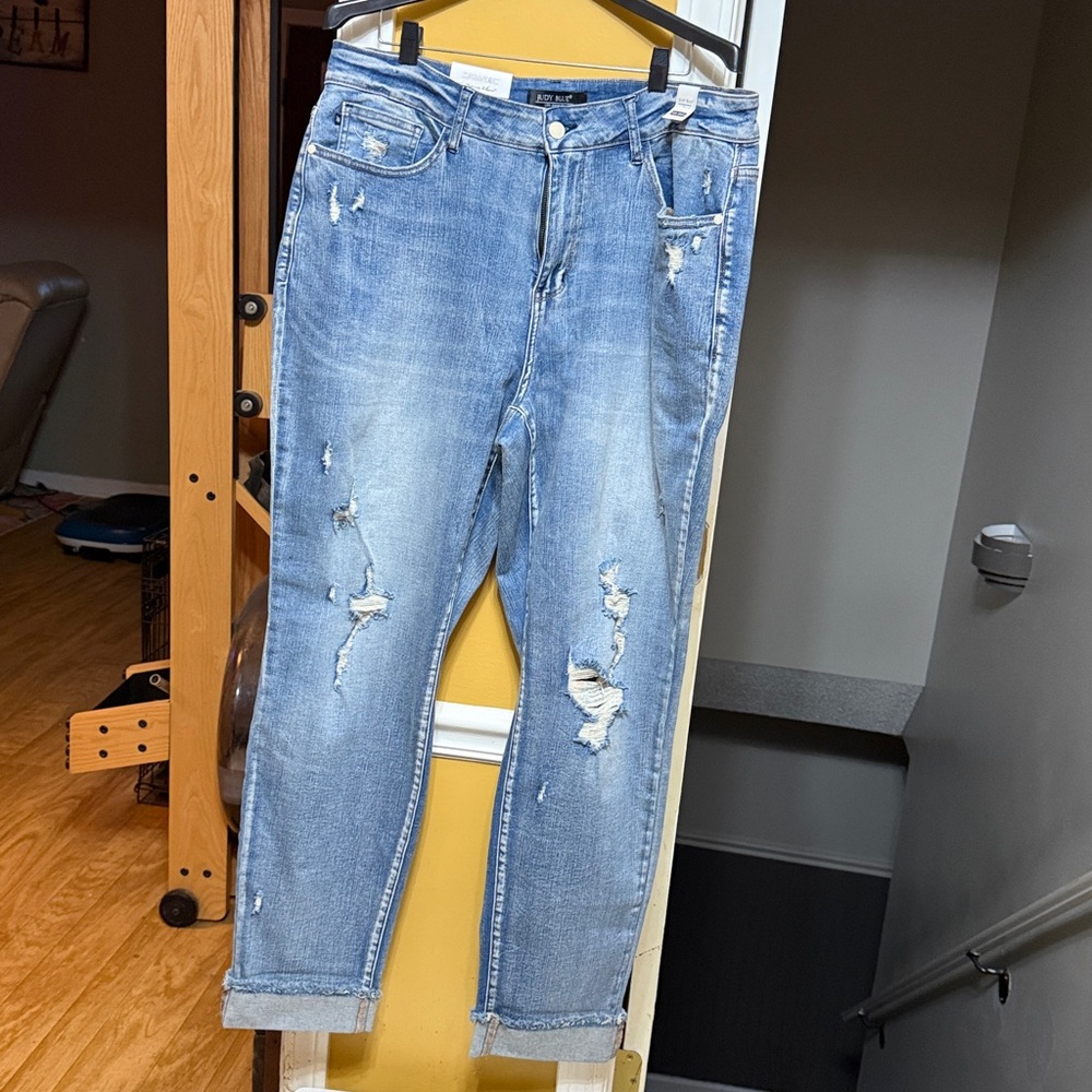 Judy Blue Size 20 High Waist Boyfriend Jeans Distressed Light Wash Cuff Hem NWT